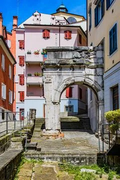 TRIESTE, ITALY  MAY 29, 2024: Arco di Riccardo. This ancient Roman arch, dati Stock Photos