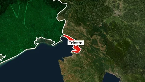 Trieste labeled on satellite map showing Adriatic coast Stock Footage 341657319