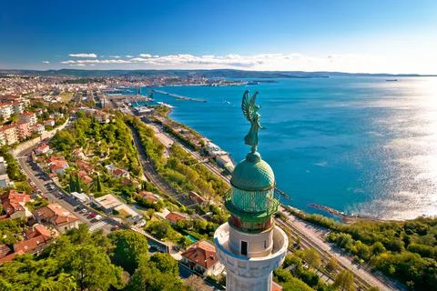 Trieste lighthouse Phare de la Victoire and cityscape panoramic aerial view Stock Photos