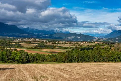 Trieves valley with the Vercors mountain range near Bourg Saint Maurice, Fran Stock Photos
