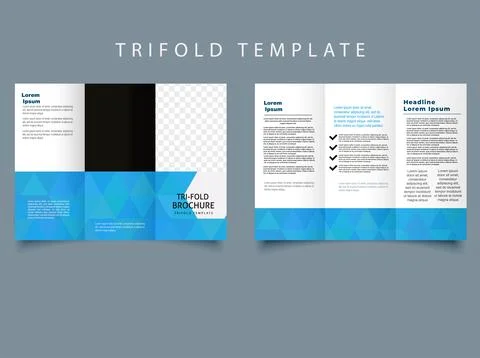 Trifold brochure with blue triangles Template design of blue trifold brochure Stock Illustration