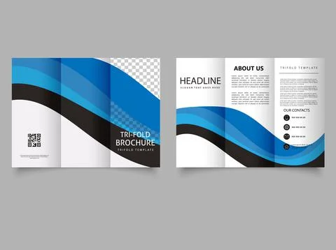 Trifold brochure with blue waves. Stock Illustration
