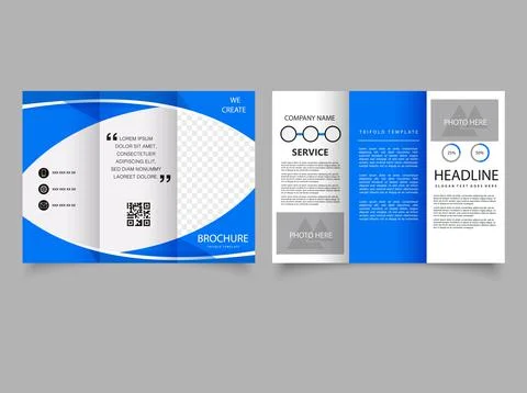 Trifold brochure with blue waves. Vector empty trifold brochure print templat Stock Illustration