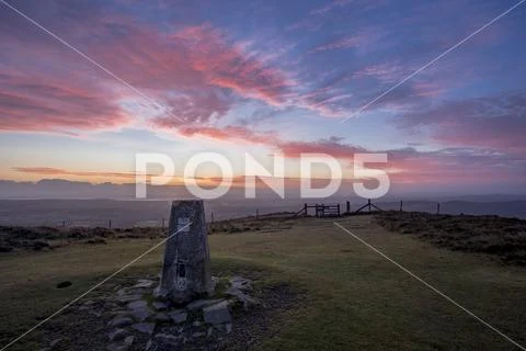 Trig point on the summit of Moel Famau, North Wales Stock Photos