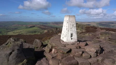 Trig Point on top of The Roaches Gritstone Edge, Peak District National Park, UK Stockbeeldmateriaal 321541337