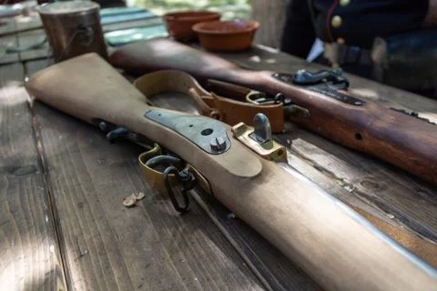 The trigger of the gun of the first world war. Lying on the table Fotos de archivo