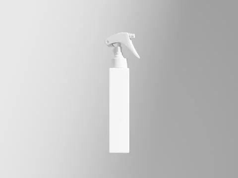 Trigger spray bottle mockup, white cubic-shape PET plastic sprayer packaging Stock Illustration