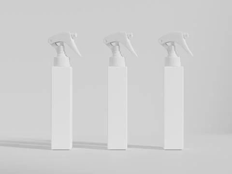 Trigger spray bottle mockup, white cubic-shape PET plastic sprayer packaging Stock Illustration