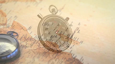 Triggered at 55-second, stopwatch ticking as compass rotating and map drifting Stock Footage 317465737