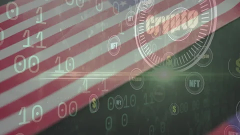 Triggered by binary scroll, US flag motif showing gauge expanding, icons Stock Footage 311141701