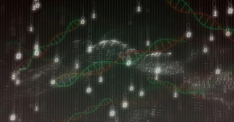Triggered by binary streams, central data mass pulsing in hologram with DNA 库存照片