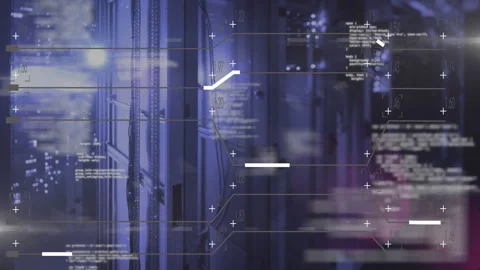 Triggered by code fading in, rack with cables sending mapping lines visualizing Stock Footage 310438515