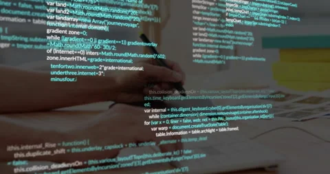 Triggered by code overlay, developer hands typing JavaScript then sketching Stock Footage 315790857