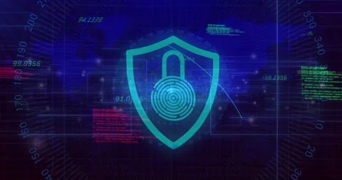 Triggered by code panels fading, shield icon doing scanning arcs verifying Stock Footage 326298845