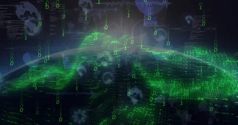 Triggered by descending binary digits, holo green globe forming, pulsing and Stock Footage 329832860