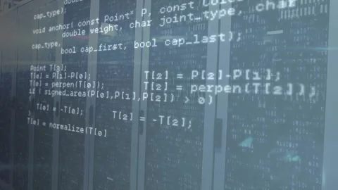 Triggered by display activation, blue-tinted panel showing C++ code scrolling 스톡 동영상 313493090