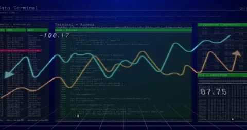 Triggered by flickering values, panels sliding in and waveforms updating Stock Footage 317118582