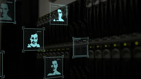 Triggered by icon materializing, turquoise face frames floating locking over Stock Footage 310317942