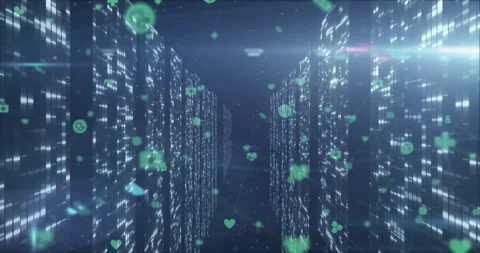 Triggered by lit panels icons emerging and drifting through 3D data corridor Video stock 310298683