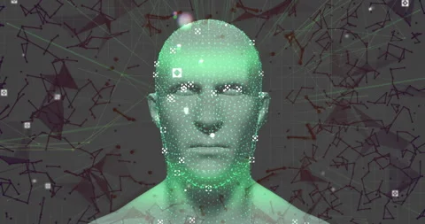 Triggered by network sync converging data nodes forming point-cloud head showing Video stock 313771459