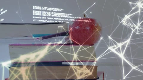 Triggered by node pulse, book stack topped red apple shifting right, network, Vidéo 334693917