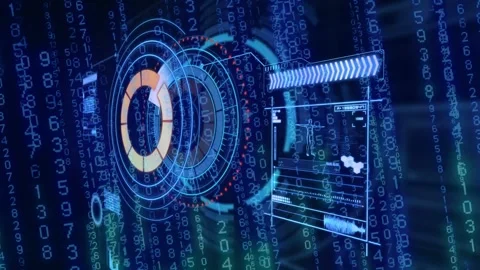 Triggered by numeric streams, holo HUD rotating, rings filling, panel sliding, Stock Footage 334337868