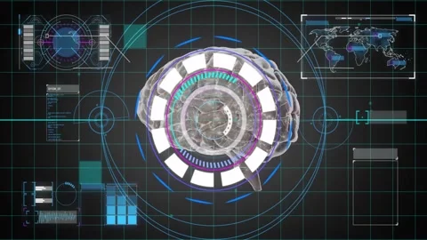 Triggered by overlay activation, 3D brain model rotating under scanning ring 스톡 동영상 327591948