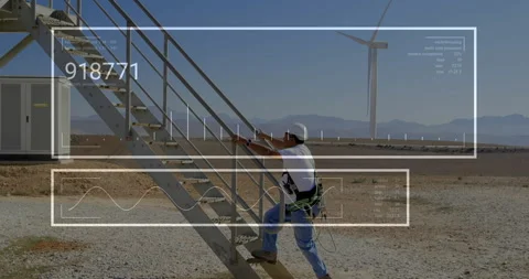 Triggered by service alert technician adjusting harness climbing staircase Stock Footage 314742463
