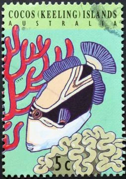Triggerfish on postage stamp of Cocos Islands Stock Photos
