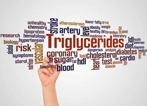 Triglycerides word cloud and hand with marker concept Stock Illustration