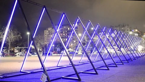 Trigonal  bright shape decoration in the towns center in a greek town Video stock 168135210