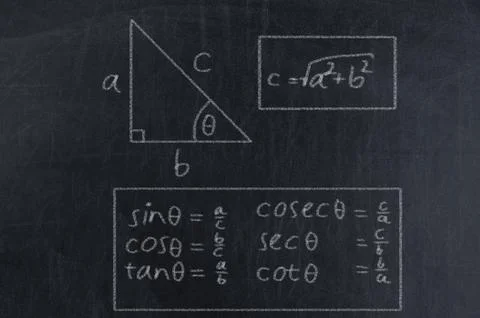 Trigonometric formulas such as sin, cos, tan, cosec, sec, and cot. Stock Photos
