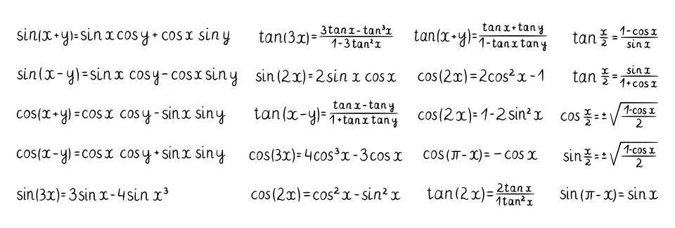 Trigonometry angle formula set Stock Illustration