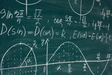 Trigonometry. School Chalkboard Function graphs Math lesson. Foto stock