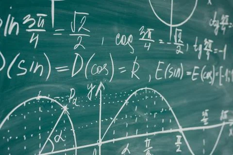 Trigonometry. School Chalkboard Function graphs Math lesson. Stock Photos