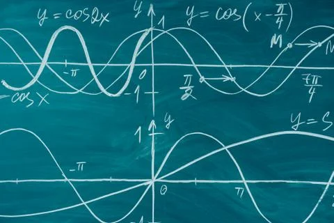 Trigonometry. School Chalkboard Function graphs Math lesson. Stock Photos