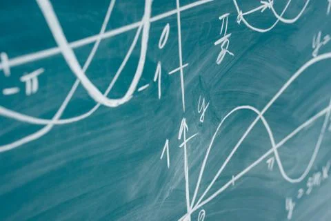 Trigonometry. School Chalkboard Function graphs Math lesson. Stock Photos
