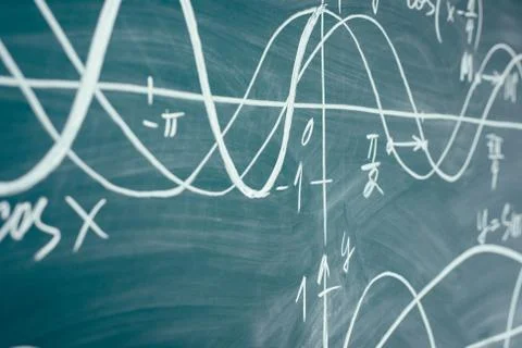 Trigonometry. School Chalkboard Function graphs Math lesson. Stock Photos