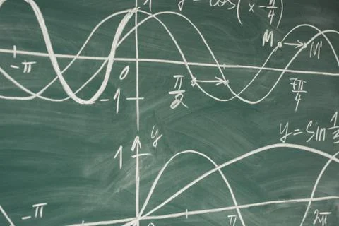 Trigonometry. School Chalkboard Function graphs Math lesson. Stock Photos