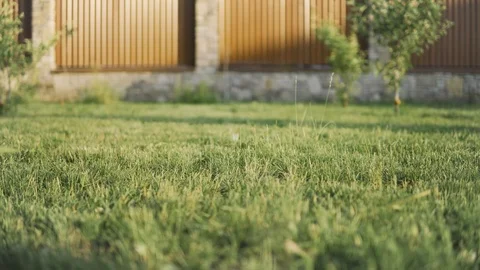 Trimmed grass in the foreground and a man mowing grass in the blurred background Stock Footage 110907200
