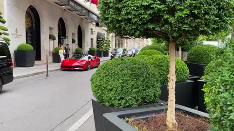 Trimmed hedges and trees at Four Seasons Hotel George V in Paris France Stock Footage 315363183