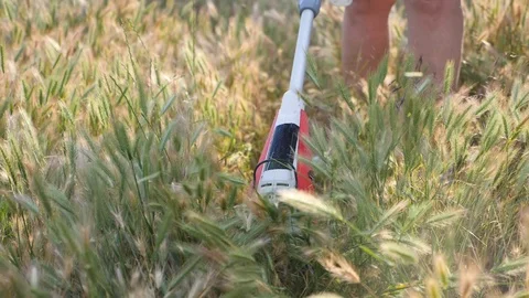 Trimmer cutting grass on the sunset. Slow motion. Stock Footage 109301176