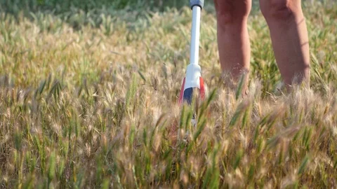 Trimmer cutting grass on the sunset. Slow motion. Stock Footage 109301325