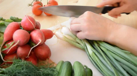 Trimming Spring Onions To Use In A Summer Salad Stock Footage 52236213