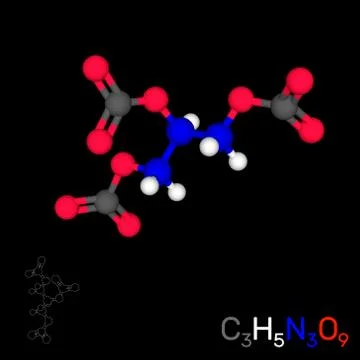 Trinitroglycerin (nitroglycerin) model molecule. Isolated on black background 스톡 일러스트