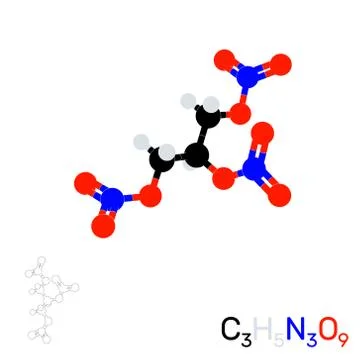 Trinitroglycerin (nitroglycerin) model molecule.Isolated on white background. Stock Illustration