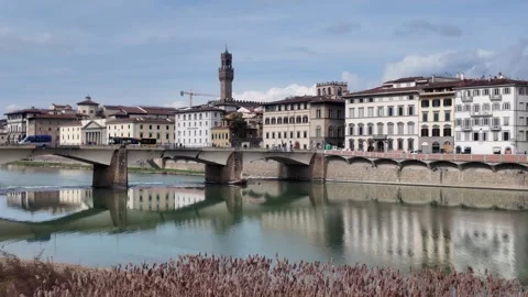 Trinity Bridge - City Architecture Along River Arno. Stock Footage 330198422