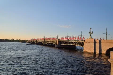 Trinity bridge on Neva river at sunset Stock Photos