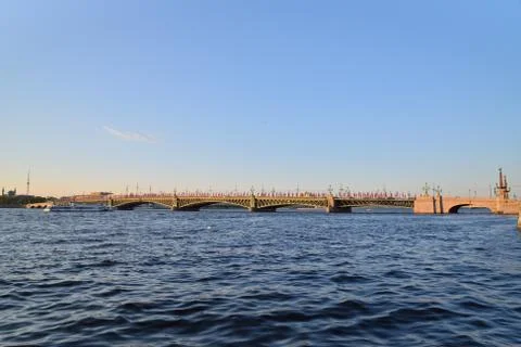 Trinity bridge on Neva river at sunset Stock Photos