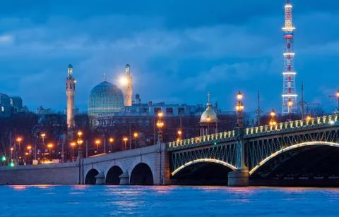 The Trinity Bridge with night lights. St Petersburg. Russia Stock Photos